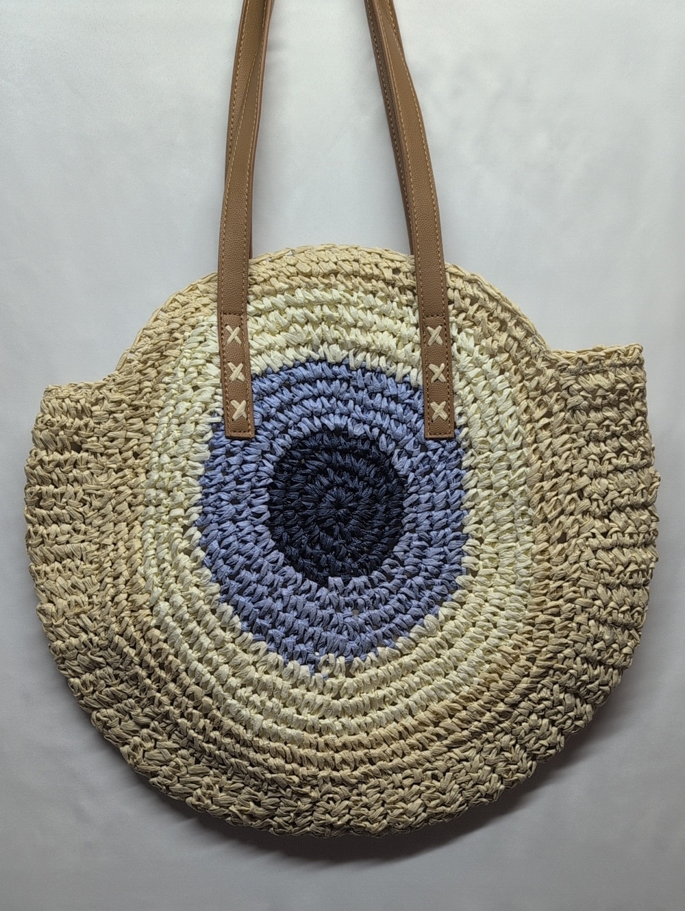 Boho Beach Round Straw Tote Bag with Blue Accent